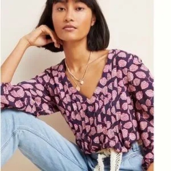 Anthropologie Maeve Women Tunic Top Small Cathy Purple Floral Cottagecore Boho - Picture 3 of 17